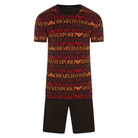 Pyjama court noir en coton avec logo multicolore all-over coupe droite col rond à manches courtes