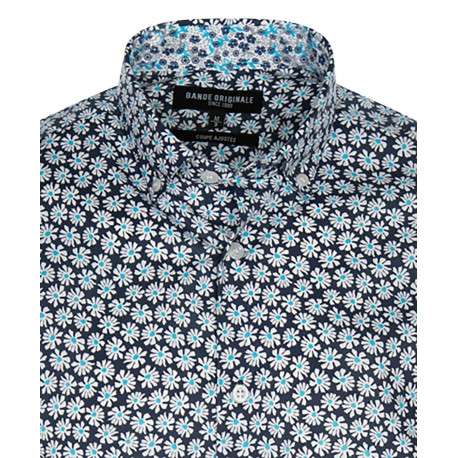 Chemise marine en coton avec imprimé liberty all-over coupe ajustée col américain - Image 3