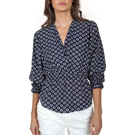 Blouse marine fantaisie coupe ample avec un col v et un imprimé losanges