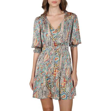 Robe courte multicolore fantaisie coupe droite avec un col v et l'extrémité des manches smockée