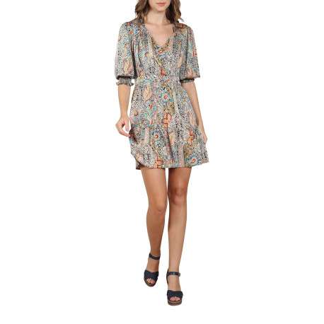 Robe courte multicolore fantaisie coupe droite avec un col v et l'extrémité des manches smockée - Image 3