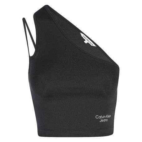 Top noir asymétrique sans manches avec logo écriture blanc