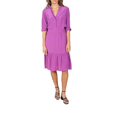 Blouse violette unie coupe droite avec un col tunisien resserré élastiquement à l'extrémité des manches - Image 3