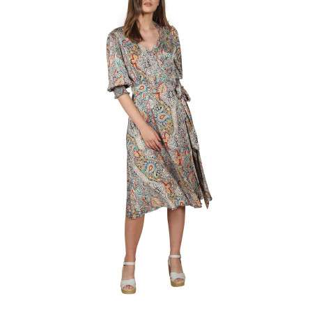 Robe courte multicolore fantaisie coupe droite avec un col v et l'extrémité des manches smockée - Image 2