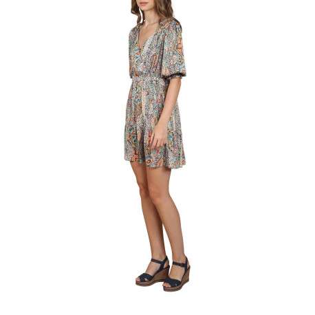 Robe courte multicolore fantaisie coupe droite avec un col v et l'extrémité des manches smockée - Image 4