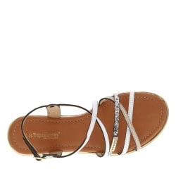 Sandales à talon plat Harry blanches en cuir avec liseré métallique doré autour de la semelle