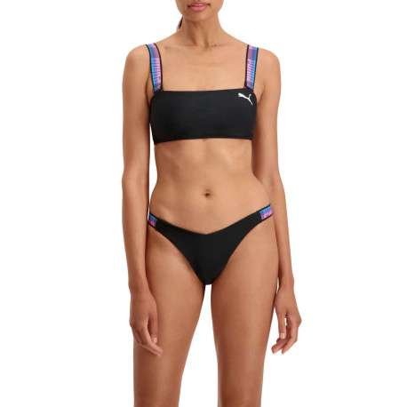 Haut de maillot de bain noir fantaisie coupe près du corps avec un col carré et des manches à bretelles larges - Image 5