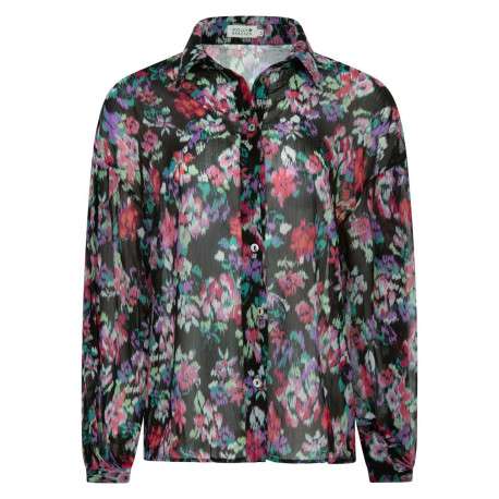 Chemisier black avec grosses fleurs floutés all-over coupe ample et fluide col italien