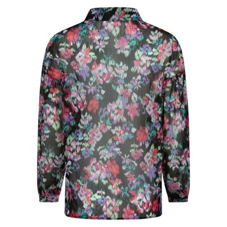 Chemisier black avec grosses fleurs floutés all-over coupe ample et fluide col italien - Image 2