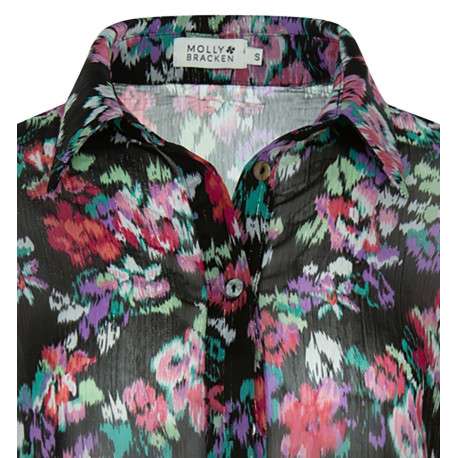 Chemisier black avec grosses fleurs floutés all-over coupe ample et fluide col italien - Image 3