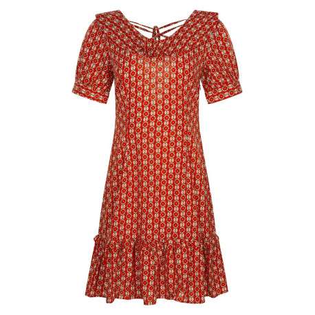 Robe courte rouge avec imprimé floral rétro all-over coupe taille basse col v à manches courtes