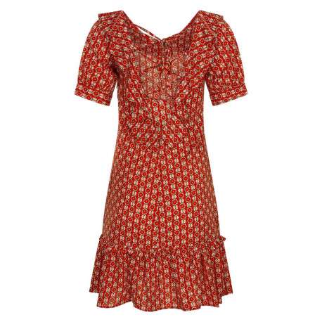 Robe courte rouge avec imprimé floral rétro all-over coupe taille basse col v à manches courtes - Image 2