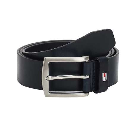 Ceinture marine en cuir unie avec logo de la marque imprimé sur le passant