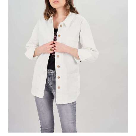 Blouson écru en coton uni coupe droite avec un col français et un lien à nouer à la taille