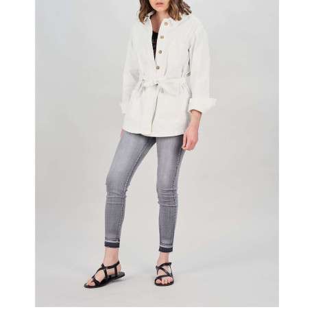 Blouson écru en coton uni coupe droite avec un col français et un lien à nouer à la taille - Image 2