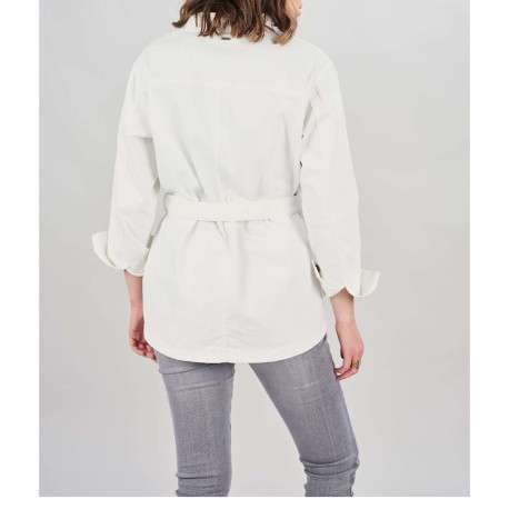 Blouson écru en coton uni coupe droite avec un col français et un lien à nouer à la taille - Image 4