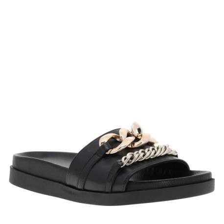 Mules ouvertes en cuir noir à semelle plate