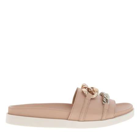 Nu-pieds ouverts en cuir rose à semelle plate contrastée et maillons argentés - Image 2