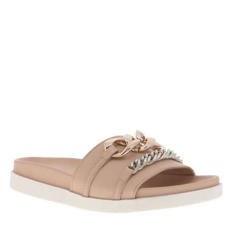 Nu-pieds ouverts en cuir rose à semelle plate contrastée et maillons argentés