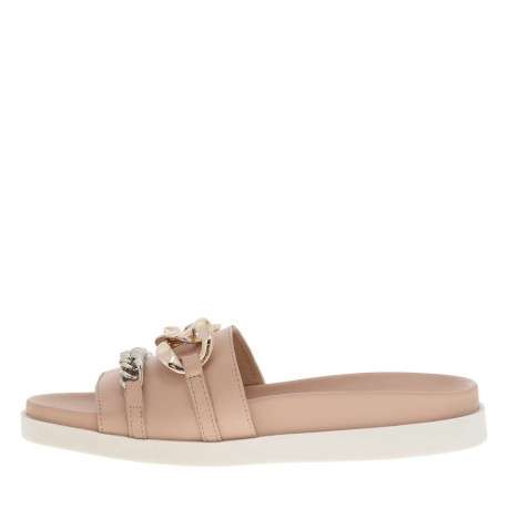 Nu-pieds ouverts en cuir rose à semelle plate contrastée et maillons argentés - Image 3