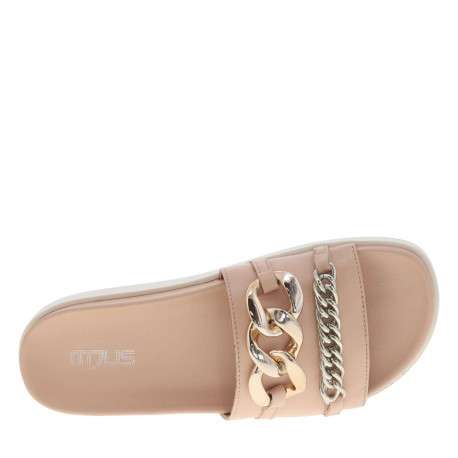 Nu-pieds ouverts en cuir rose à semelle plate contrastée et maillons argentés - Image 5