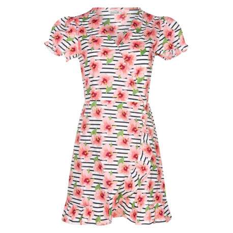 Robe courte rose en coton avec imprimé florale à col v et manches courtes
