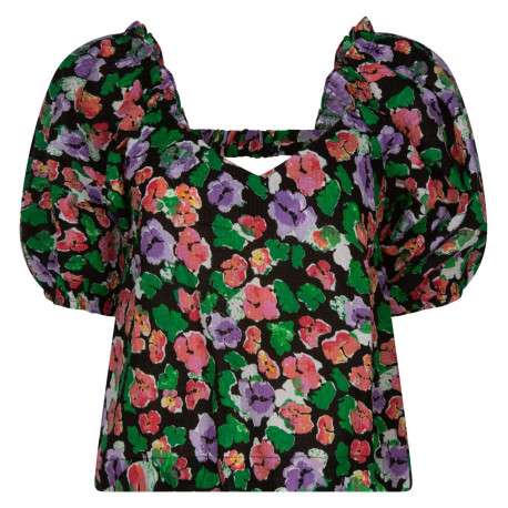 Top imprimé floral en coton maille effet gaufrée coupe cropped et col v à manches courtes