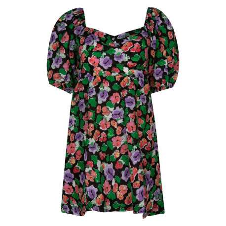 Robe courte multicolore en coton à maille effet gaufrée col v à manches courtes