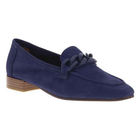 Mocassins à talon plat marines en cuir avec chaîne métallique épaisse sur le cou-de-pied - Image 2