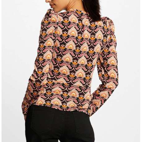 Blouse noire avec imprimé floral all-over coupe péplum col cache-coeur - Image 2