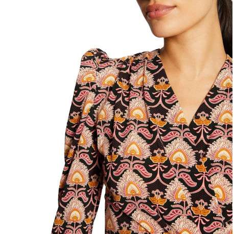 Blouse noire avec imprimé floral all-over coupe péplum col cache-coeur - Image 3