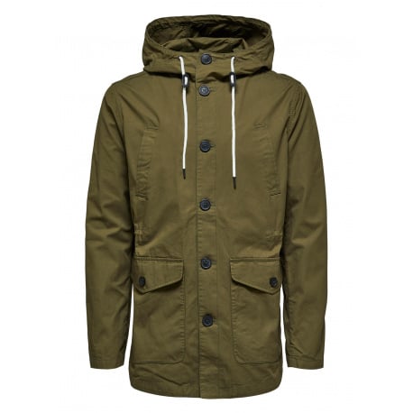 Parka kaki unie en coton coupe droite boutonnée