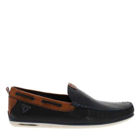 Mocassins à talon plat marine en cuir avec surpiqûres bleues à l'avant - Image 2