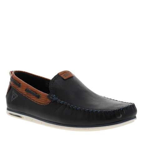 Mocassins à talon plat marine en cuir avec surpiqûres bleues à l'avant