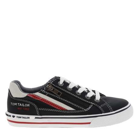 Baskets basses simili cuir bleu marine à semelle vulcanisée, lacets et zip latéral - Image 2