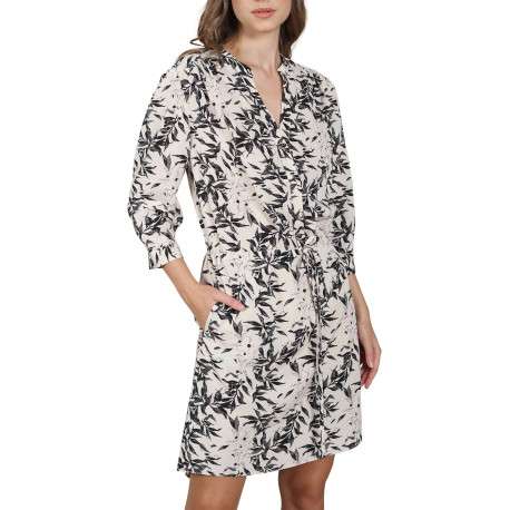 Robe courte multicolore imprimé feuille all-over coupe asymétrique avec un col v et un lien à nouer à l'avant