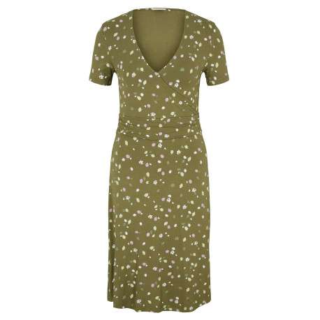 Robe courte olive avec imprimé liberty coupe évasée col v à manches courtes
