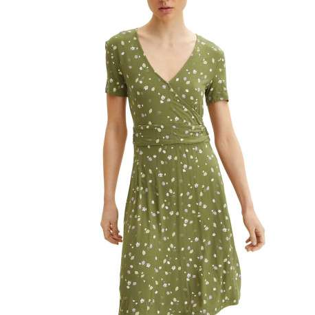 Robe courte olive avec imprimé liberty coupe évasée col v à manches courtes - Image 3