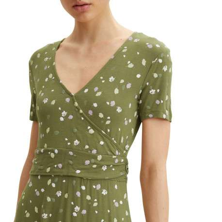 Robe courte olive avec imprimé liberty coupe évasée col v à manches courtes - Image 4
