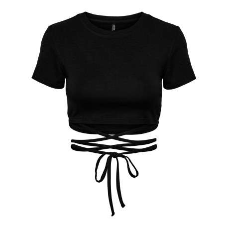 Crop top noir uni à col rond, manches courtes et cordon noir à nouer