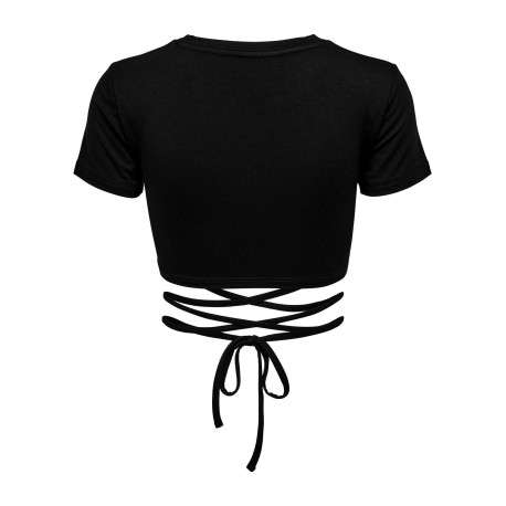 Crop top noir uni à col rond, manches courtes et cordon noir à nouer - Image 2