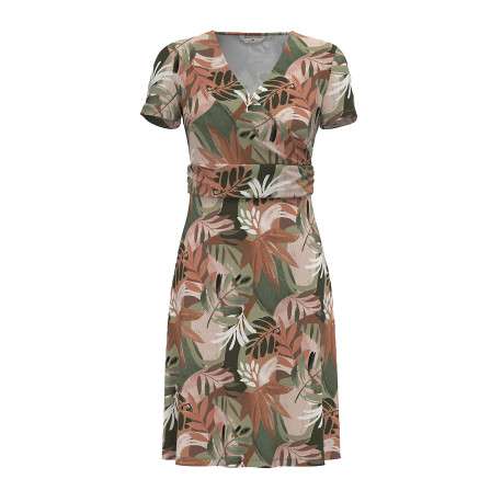 Robe courte kaki imprimée tropical avec une coupe ajustée à col v