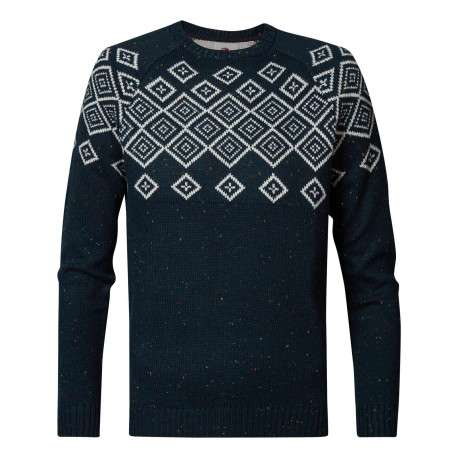 Pull marine moucheté à motifs losanges blancs avec coupe droite et col rond