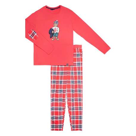 Pyjama Long en coton rouge vichy coupe régular avec un col rond et une ceinture rouge - Image 3