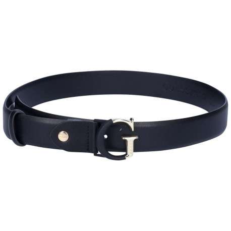 Ceinture noire unie aspect cuir lisse avec boucle métallique et poinçon doré