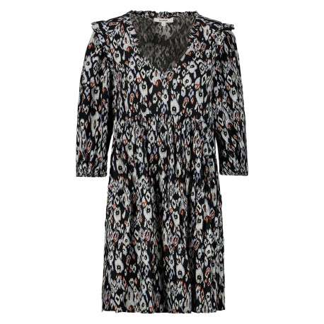 Robe courte noire imprimée panthère coupe ajustée col v à manches 3/5