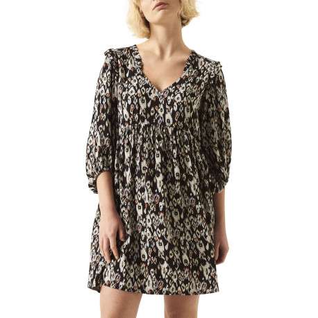 Robe courte noire imprimée panthère coupe ajustée col v à manches 3/5 - Image 4
