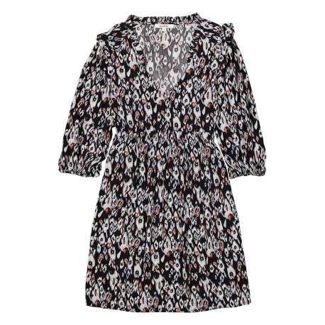 Robe courte noire imprimée panthère coupe ajustée col v à manches 3/5 - Image 6