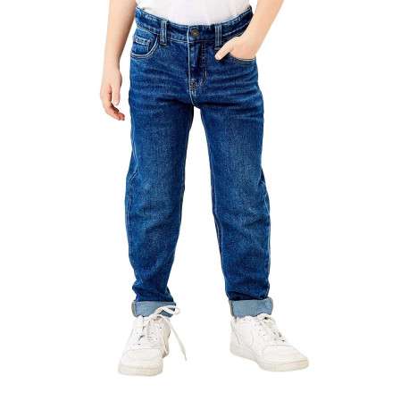 Jean taille slim ajustable en partie en coton indigo léger délavé à jambes droites - Image 3