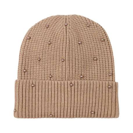 Bonnet court Merle beige fin et chaleureux à perles fantaisie allover